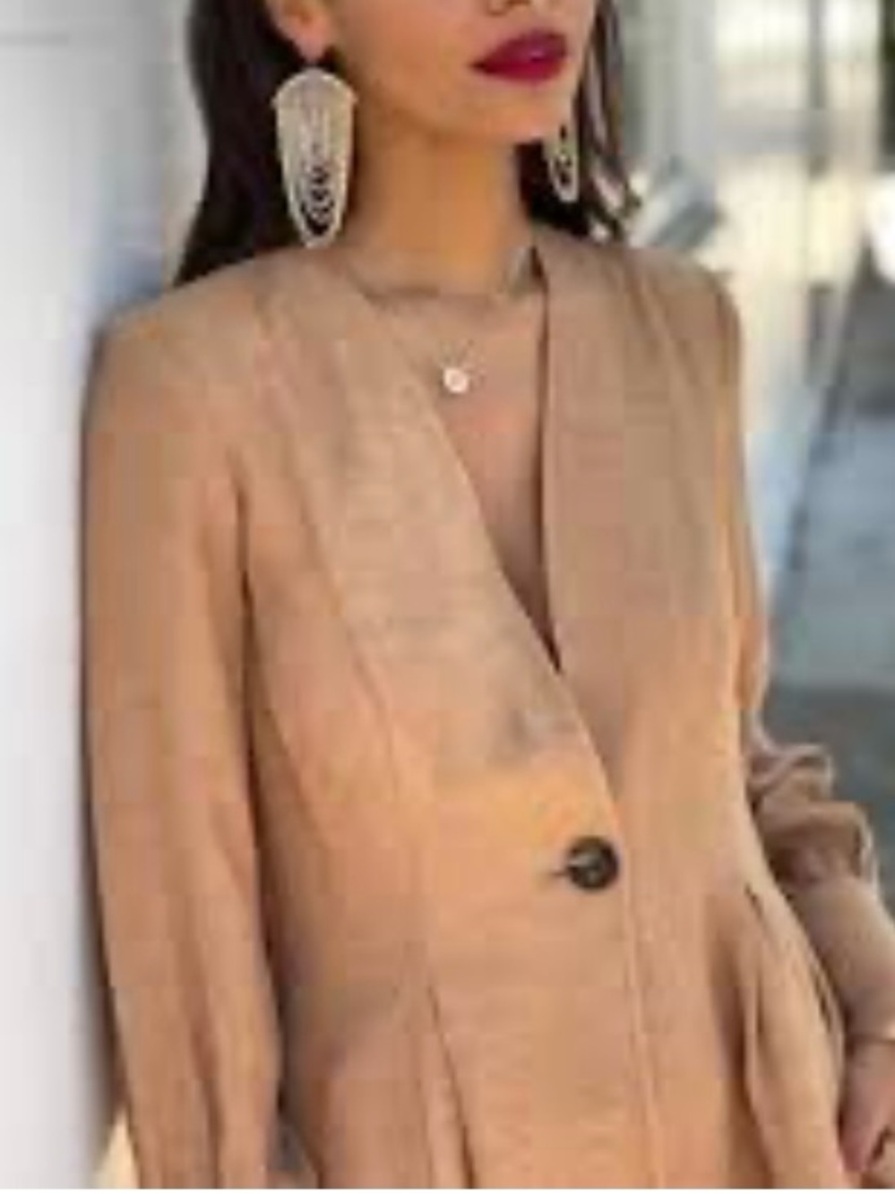 Something Navy Collarless V Neck Single Button Blazer Praline Neutral